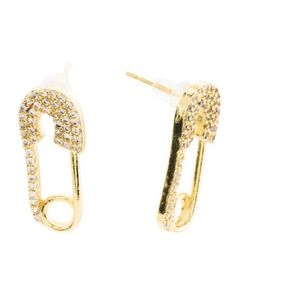 GEMELLI 18k Gold Plated Cz Safety Pin Stud Earrings - Picture 1 of 2